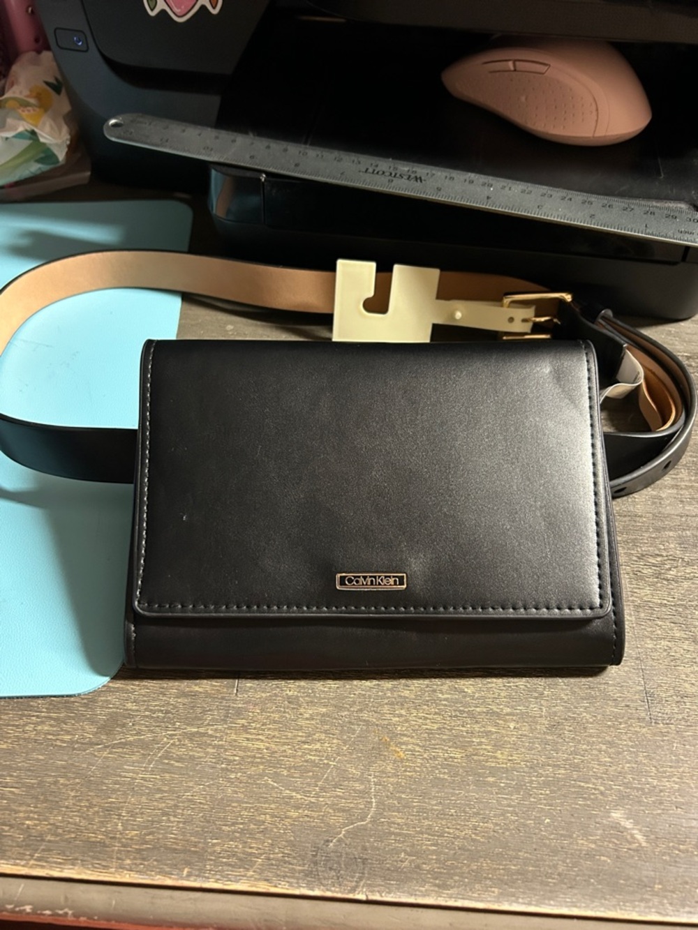 Calvin Klein Black Leather Convertible Belt Bag with Strap L/XL